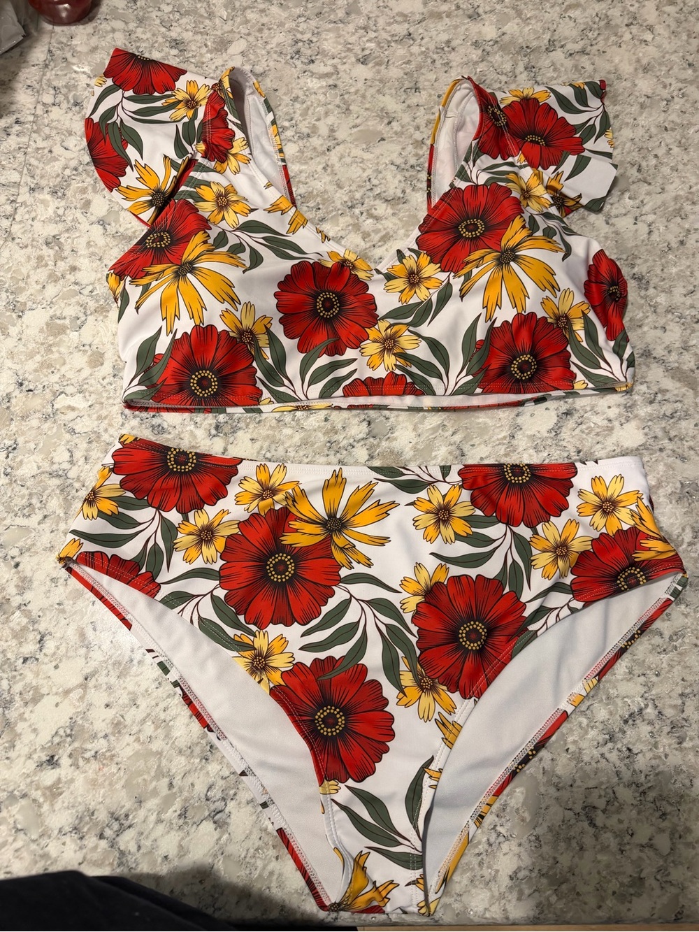 Floral Two-Piece Bikini Set — Red & Yellow Flowers on White